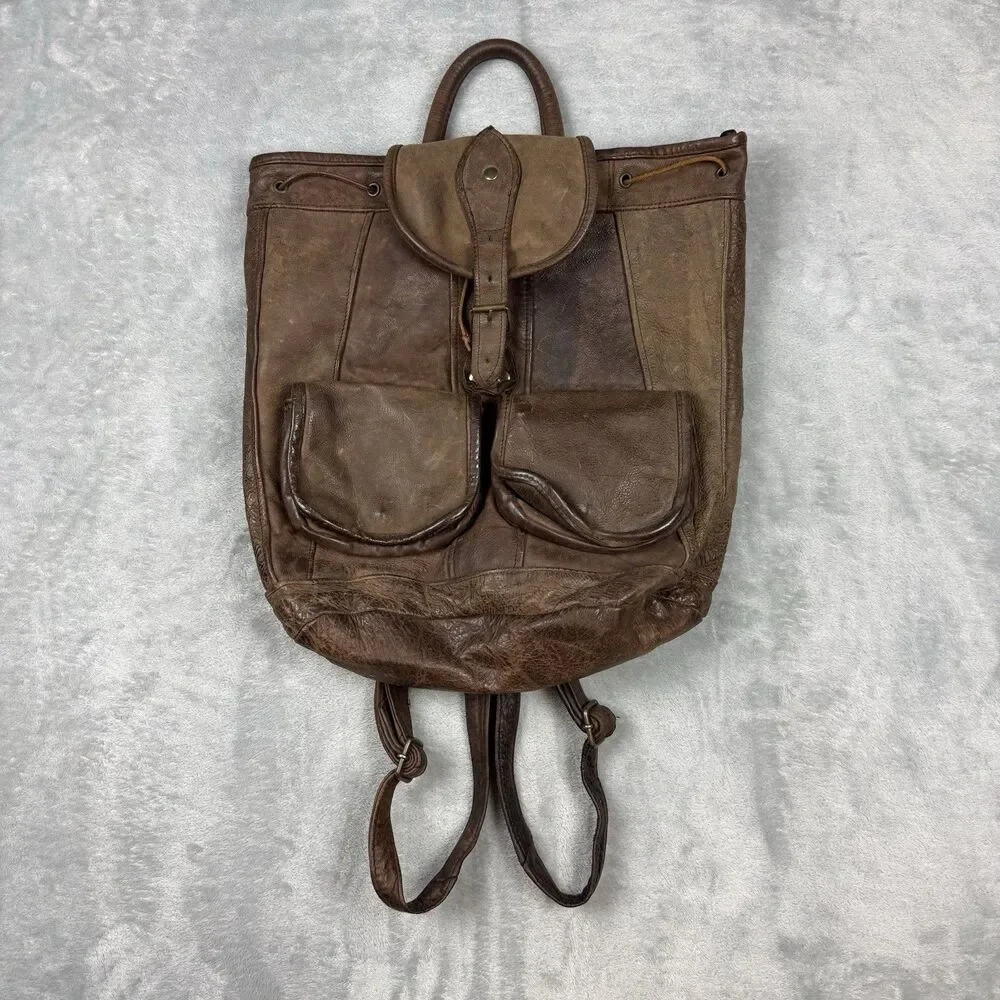 Vintage Brown Genuine Leather Backpack Distressed Patina Rucksack Bag